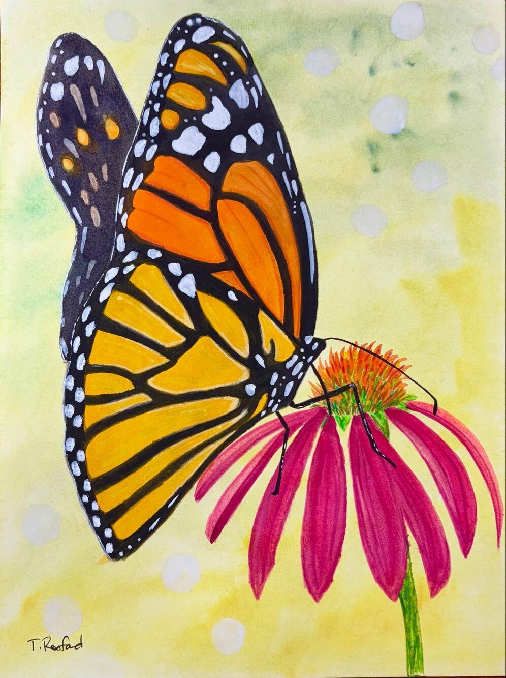 Hand painted watercolor original painting butterfly flower orange yellow pink